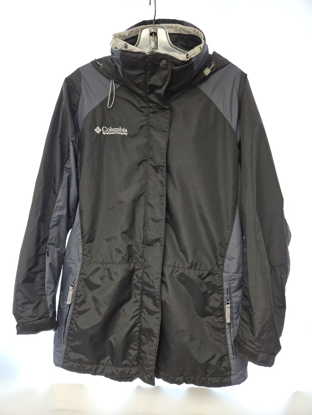 Columbia Women's Black & Steel Blue Water Resistant Hooded Rain Jacket Sz L